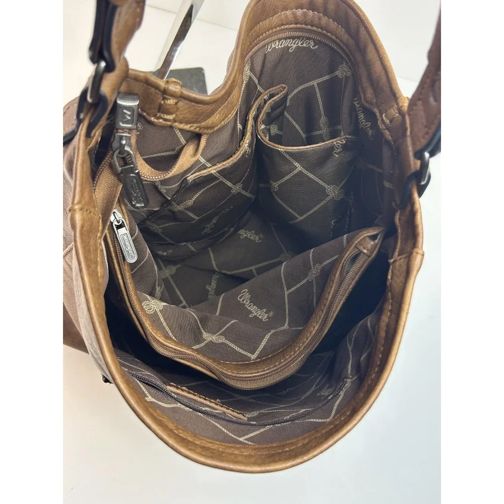 Wrangler Concealed Carrry Purse Tote Faux Leather Large Brown Pockets Full Zip